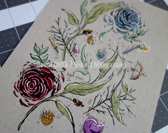 Puede incluir: Una ilustración dibujada a mano de dos rosas estilizadas, una roja y otra azul, con varios objetos de temática fantástica que las rodean, incluyendo una espada, una botella de poción, una corona, un escudo, un arco y flechas, y una varita mágica. El texto "Robert Mangadang" está escrito en el centro inferior de la imagen.