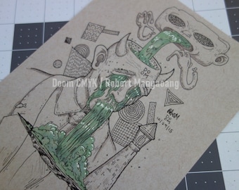 Puede incluir: Dibujo en tinta negra y blanca de una persona con una cabeza grande y un líquido verde que le sale de la boca. El líquido fluye hacia un contenedor con las palabras "Doom CMYK" y "Robert Mangaorang" escritas en él. El dibujo está sobre un fondo de papel marrón.