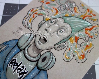 Puede incluir: Una ilustración de dibujos animados de una persona con cabello azul que lleva auriculares y una camisa azul con la palabra "Relax" en ella. La persona está rodeada de formas abstractas de colores.