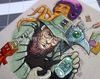 Puede incluir: Una ilustración caprichosa que presenta un duende verde con barba roja, que lleva un sombrero verde con una hebilla dorada, sosteniendo un frasco de vidrio con un líquido azul. El duende está rodeado por un pulpo amarillo, un pájaro azul con un ojo verde y una escalera roja y amarilla.