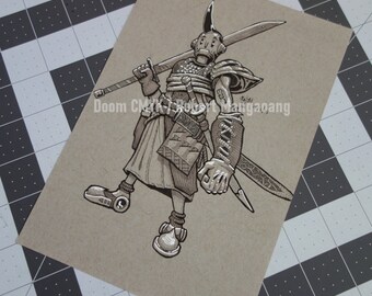 Original hand drawn ink drawing, Bot Samurai on toned paper 1 of 1