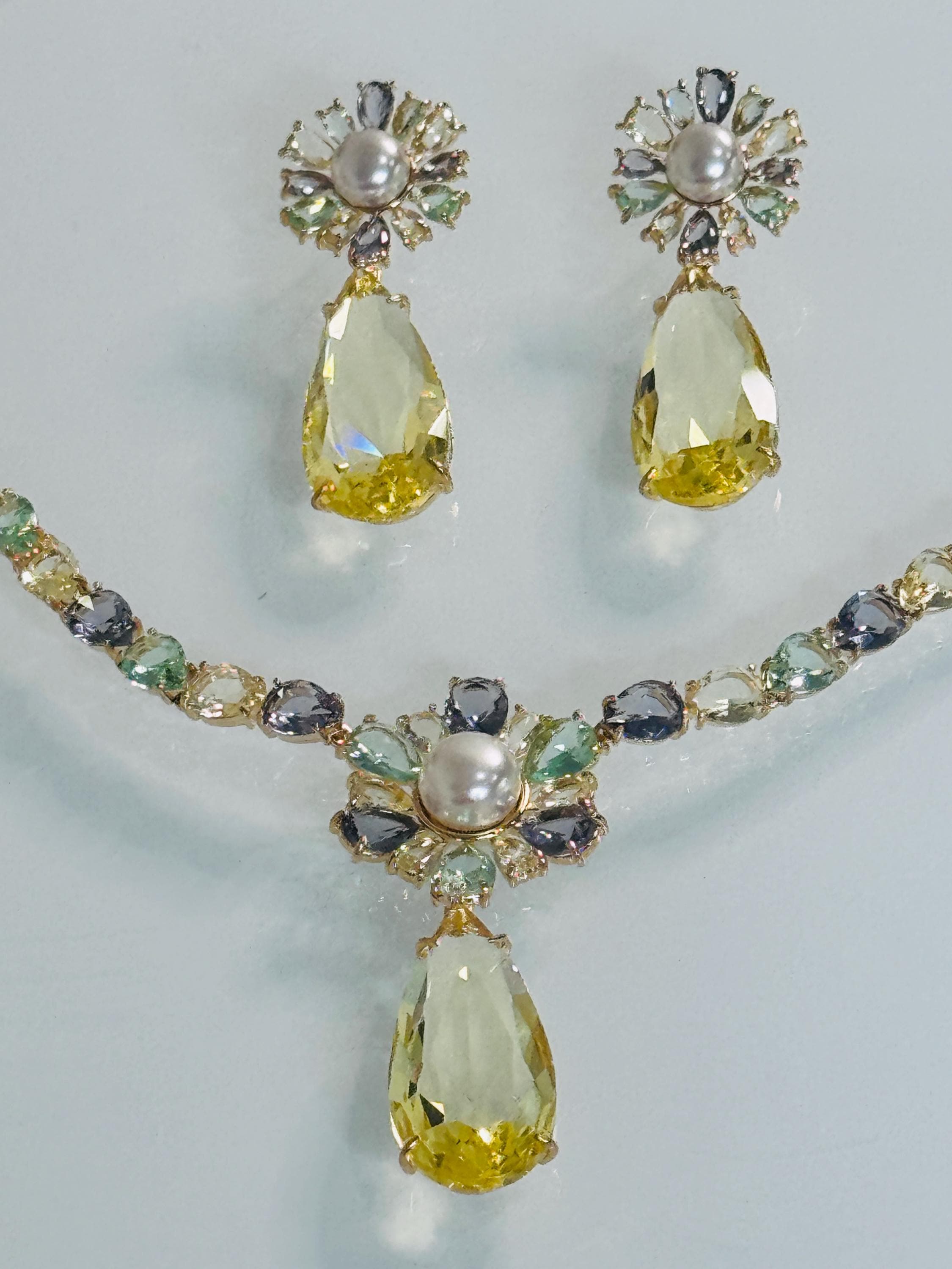 Necklace and Earring Set Blue Tourmaline and Citrine Crystal Teardrops in 18k Gold Plated