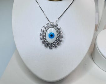 Oval Evil Eye and Zirconia set in White Rhodium Necklace