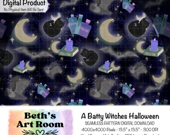 Puede incluir: Un patrón digital sin costuras con temática de Halloween, con murciélagos, lunas, estrellas, gatos negros, velas y botellas de pociones. El patrón incluye el texto "A Batty Witches Halloween" y "Beth's Art Room".
