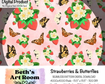 Erdbeer Schmetterling Muster: Cottagecore Digital Paper (300 DPI PNG Download)