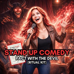 May include: A woman with red hair performs stand-up comedy, holding a microphone. The image features the text "STAND UP COMEDY" and "PACT WITH THE DEVIL (RITUAL KIT)". A devilish figure looms in the background, with an audience enjoying the show.