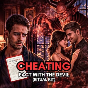 May include: Digital artwork depicting a worried man, a couple embracing, and a demonic figure with horns and glowing eyes. The word "CHEATING" is displayed, along with text that reads "PACT WITH THE DEVIL (RITUAL KIT)" and a document.
