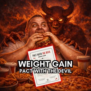 May include: An illustration shows a person eating a burger, with a devil figure behind them. A document reads "Pact with the Devil" and "Weight Gain". Fast food items such as pizza, chips, and fizzy drinks are in the foreground.