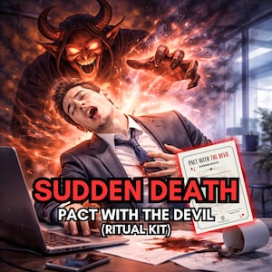 May include: An illustration depicts a man in a suit experiencing a sudden, violent event, with a demonic figure looming above. The text "SUDDEN DEATH" and "PACT WITH THE DEVIL (RITUAL KIT)" are prominently displayed.