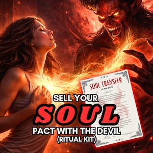Puede incluir: Ilustración digital de una mujer y una figura demoníaca, con un documento "SOUL TRANSFER TO THE DEVIL". Texto: "SELL YOUR SOUL PACT WITH THE DEVIL (RITUAL KIT)". Escena con fuego.