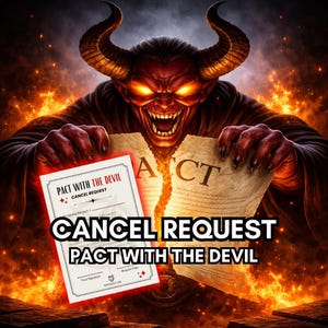 May include: A digital illustration depicts a red demon tearing a contract labeled "ACT". The contract is being torn apart, with the words "CANCEL REQUEST" and "PACT WITH THE DEVIL" prominently displayed. The background is fiery.