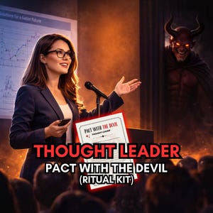 Op de afbeelding: Een ritueel pakket getiteld PACT WITH THE DEVIL THOUGHT LEADER met een document met rode en zwarte tekst. Het pakket wordt gepresenteerd voor een spreker in een donker pak met een bril, met een gehoornde figuur zichtbaar op de achtergrond.