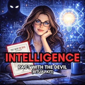 May include: Digital art featuring a woman with glasses, a blue shirt, and long brown hair. The image includes the text "PACT WITH THE DEVIL INTELLIGENCE" and "INTELLIGENCE PACT WITH THE DEVIL (RITUAL KIT)". A glowing lightbulb and a shadowy figure are in the background.