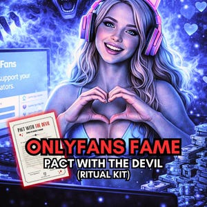Op de afbeelding: Digitale illustratie van een lachende vrouw met blond haar, een koptelefoon en een hartvorm met haar handen. De afbeelding bevat de tekst "ONLYFANS FAME" en "PACT WITH THE DEVIL (RITUAL KIT)" op een document, tegen een blauw-paarse achtergrond.