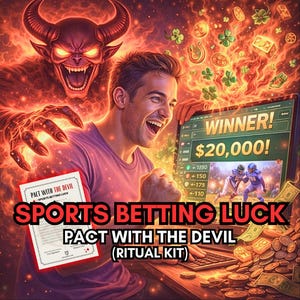 May include: Digital artwork showing a man celebrating a win on a computer screen displaying "WINNER! $20,000!". The image includes text "SPORTS BETTING LUCK" and "PACT WITH THE DEVIL (RITUAL KIT)", with a fiery background and devilish imagery.