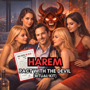 May include: An illustration depicts a man surrounded by women, with a devilish figure in the background. A document labeled "PACT WITH THE DEVIL" is held in the man's hand, with the word "HAREM" prominently displayed. The text "(RITUAL KIT)" is also visible.
