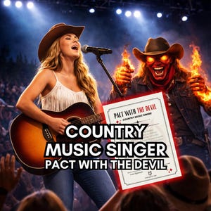 May include: A country music singer with a guitar and microphone performs on stage. The image includes the text "COUNTRY MUSIC SINGER PACT WITH THE DEVIL" on a document held by a figure with fiery hands and glowing eyes.