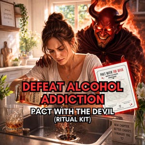May include: An image with the text "DEFEAT ALCOHOL ADDICTION" and "PACT WITH THE DEVIL (RITUAL KIT)". A person pours liquor into a sink. A devil figure looms in the background. A sign reads "NEW CHAPTER. BETTER CHOICES. STRONGER YOU."