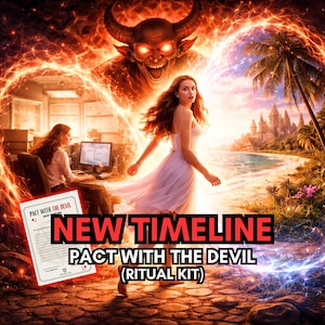 May include: Digital art featuring a woman in a white dress walking towards a beach with a castle. The image includes a devil figure, a woman at a computer, and text that reads "NEW TIMELINE PACT WITH THE DEVIL (RITUAL KIT)".