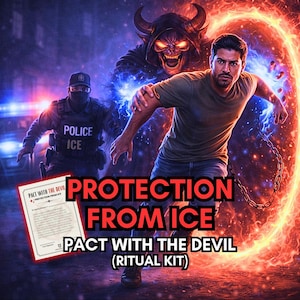 Puede incluir: Una ilustración digital que muestra a un hombre huyendo de un demonio con cuernos y un oficial de policía con equipo táctico. El texto dice PROTECTION FROM ICE y PACT WITH THE DEVIL (RITUAL KIT). Un documento titulado PACT WITH THE DEVIL es visible.