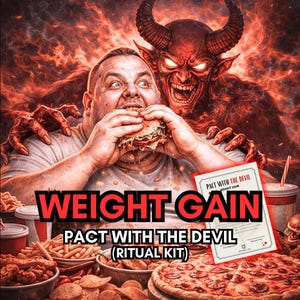 Puede incluir: Ilustración de un hombre comiendo una hamburguesa, con una figura de diablo detrás. La imagen incluye el texto "WEIGHT GAIN" y "PACT WITH THE DEVIL (RITUAL KIT)". Varios alimentos de comida rápida rodean al hombre.