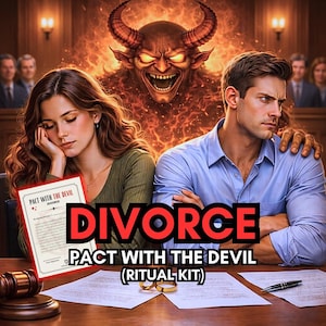 May include: Digital artwork showing a couple at a divorce with a fiery devil figure in the background. The image includes the text "DIVORCE" and "PACT WITH THE DEVIL (RITUAL KIT)". A gavel, rings, and a document are on the table.