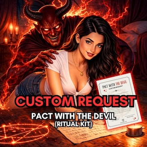Puede incluir: Ilustración digital de un diablo rojo y una mujer. Incluye el texto "CUSTOM REQUEST" y "PACT WITH THE DEVIL (RITUAL KIT)". Un documento con el texto "PACT WITH THE DEVIL CUSTOM REQUEST" también es visible.
