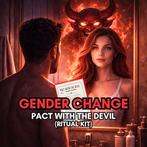Könnte beinhalten: Digitales Kunstwerk, das eine Person zeigt, die in einen Spiegel blickt, in dem eine Frau mit roten Haaren und eine dämonische Figur zu sehen sind. Der Text "GENDER CHANGE" und "PACT WITH THE DEVIL (RITUAL KIT)" ist enthalten.