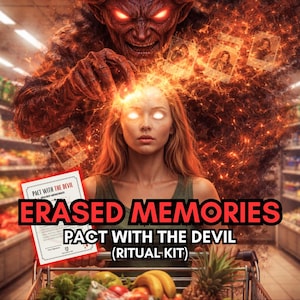 May include: Digital artwork featuring a woman with glowing eyes, a fiery demon, and the text "ERASED MEMORIES". A shopping trolley filled with produce is in the foreground. The image includes the text "PACT WITH THE DEVIL (RITUAL-KIT)".