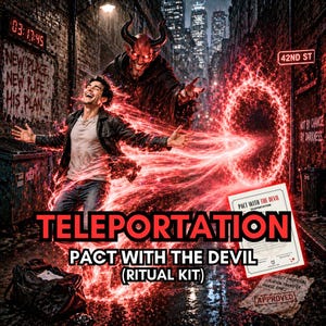 Puede incluir: Ilustración digital de un hombre siendo teletransportado a través de un portal rojo, con una figura de diablo en el fondo. El texto "TELEPORTATION" y "PACT WITH THE DEVIL (RITUAL KIT)" se muestran de forma destacada.
