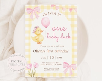 Lucky Duck Birthday Invitation - Editable Yellow Pink Spring Floral Canva Template. TCLS0031