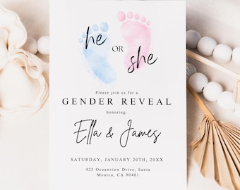 Er oder Sie Gender Reveal Einladung Canva Template: Pink Blau Füße Thema (Digitaler Download)