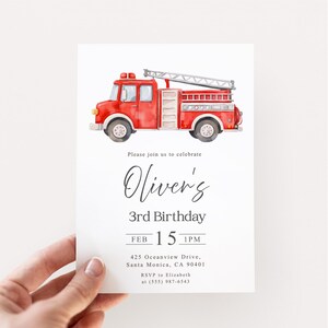 May include: A birthday invitation featuring a watercolor illustration of a red fire truck. The invitation includes the text "Please join us to celebrate Oliver's 3rd Birthday" and event details.