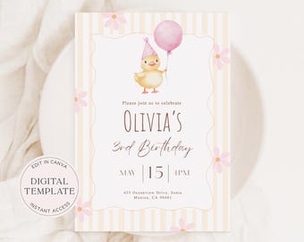Lucky Duck Birthday Invitation (Editable Canva Template) - Yellow Pastel Stripes Daisy Theme. Digital Download