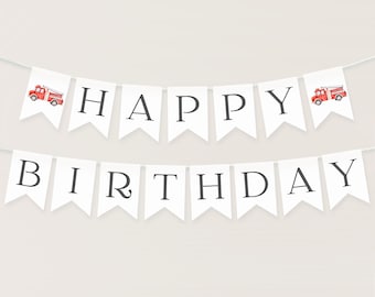 Fire Truck Happy Birthday Banner, Editable Watercolor Kids Decoration (Digital Download) TCLS0051