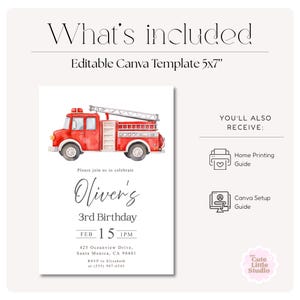 May include: A printable 5x7 inch birthday invitation template featuring a watercolor illustration of a red fire truck. The invitation includes the text "Oliver's 3rd Birthday" and event details. Includes a home printing guide and Canva setup guide.