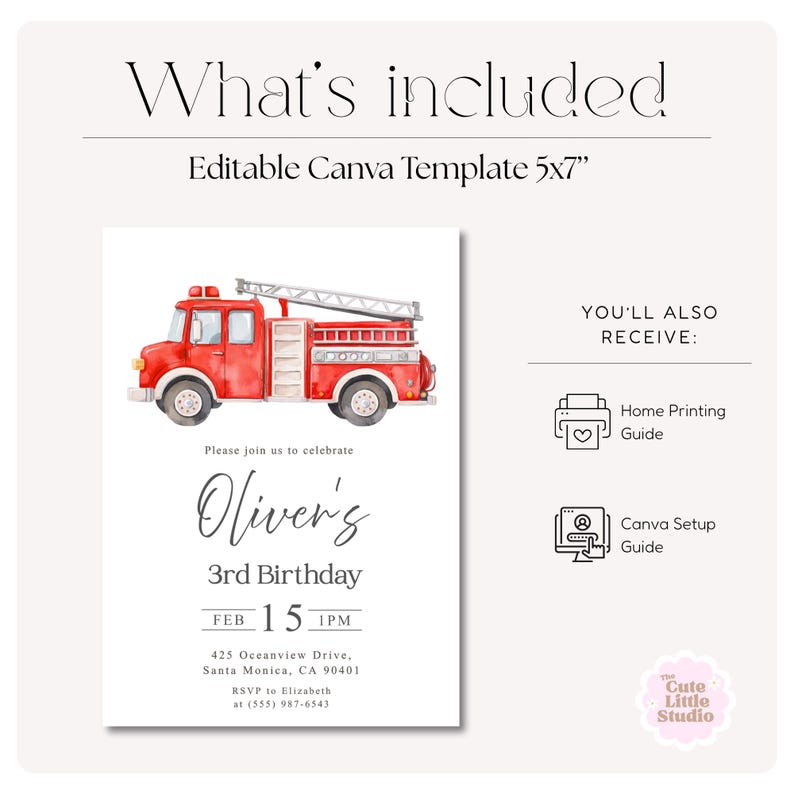 May include: A printable 5x7 inch birthday invitation template featuring a watercolor illustration of a red fire truck. The invitation includes the text "Oliver's 3rd Birthday" and event details. Includes a home printing guide and Canva setup guide.
