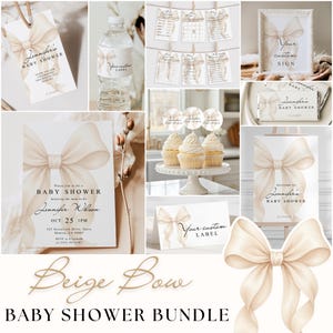 Beige Bow Baby Shower Invitation Bundle: Elegant Editable Canva Template - TCLS0035