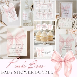 Zestaw zaproszeń na baby shower z różową kokardką: elegancki, edytowalny szablon Canva - TCLS0030