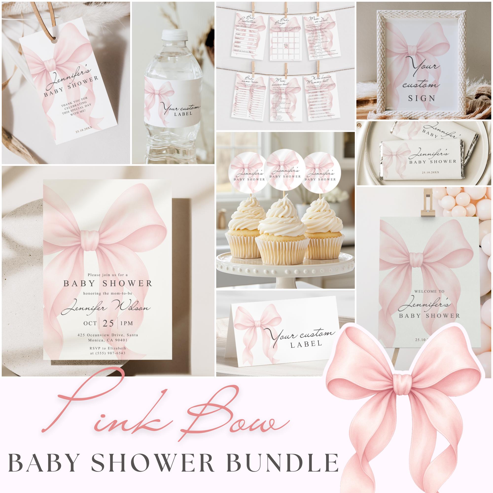 Pink Bow Baby Shower Invitation Bundle: Elegant Editable Canva Template ...