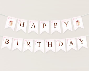 Happy Birthday-banner aardbeientaart | Bewerkbare roze strik pastel afdrukbare decorsjabloon