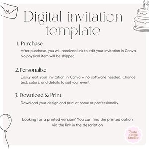 May include: Digital invitation template with instructions. The text includes "Purchase", "Personalize", and "Download & Print". The image also features a cake illustration, a balloon, and an envelope.