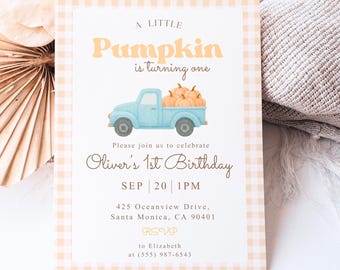 First Birthday Pumpkin Invitation - Blue Truck Fall Theme + Free Digital Evite. Editable Party Invite