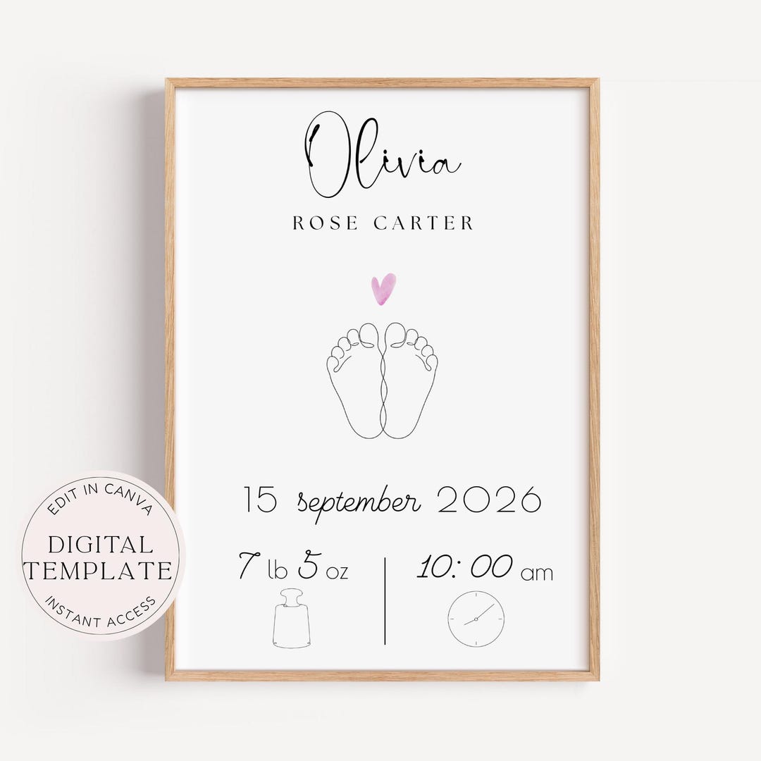 Baby Birth Stats Print Editable Canva Template Minimalist Nursery Wall ...