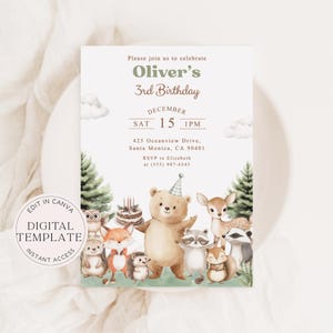 Könnte beinhalten: Eine digitale Geburtstagseinladung mit Waldtieren und dem Text "Oliver's 3rd Birthday". Die Einladung enthält Datum, Uhrzeit und Ort. Das Design umfasst einen Bären, ein Reh, einen Fuchs, eine Eule und andere Waldtiere.