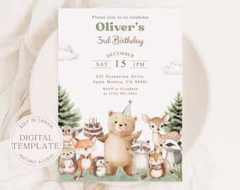 Woodland Animals Birthday Invitation Editable Template - Forest Friends Theme + Free Digital Evite. TCLS0022