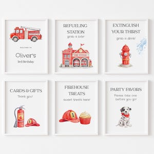 May include: Six framed watercolour prints featuring a fire truck, fire station, fire hydrant, Dalmatian, fire hat, cupcake, and text. The signs read "Welcome to Oliver's 3rd Birthday", "Refueling Station", "Extinguish Your Thirst", "Cards & Gifts", "Firehouse Treats", and "Party Favors".