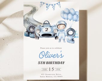 Plantilla editable de invitación de cumpleaños para niños con tema de coche de carreras azul (para fiesta) / Imprimible y para Canva (Evite)