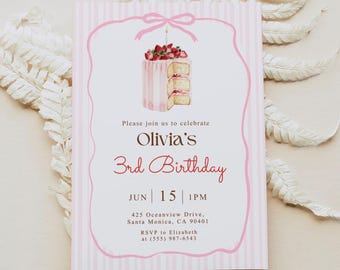 Invitation d'anniversaire de gâteau aux fraises | Nœud rose pastel | Modèle de toile modifiable