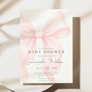 Pink Bow Baby Shower Invitation (Editable Template) – Elegant, Simple Theme + Free Digital Invite. TCLS0030